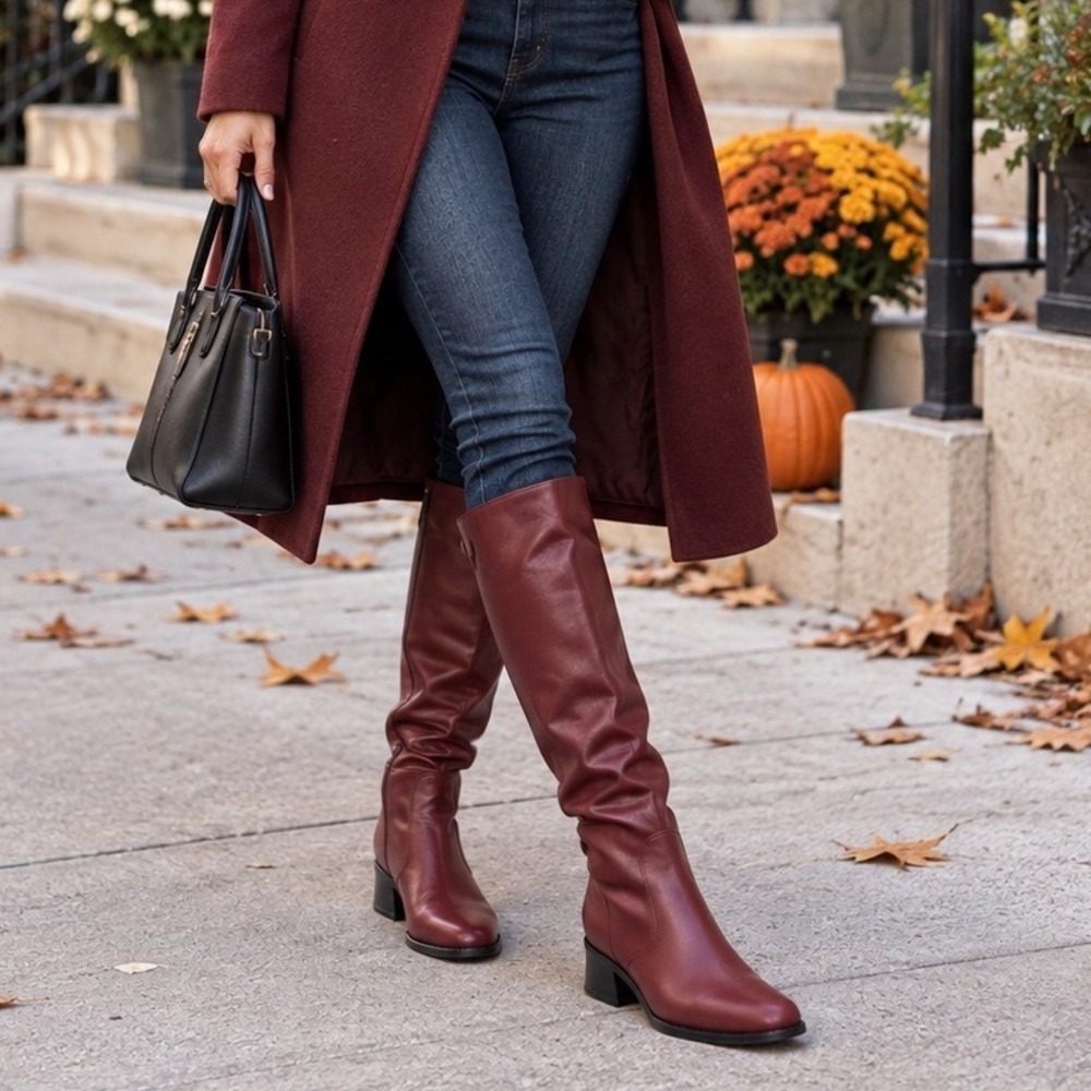 Shelly Tall Slouchy Boots Womens 10 Burgundy Leather Excellent Low Block Heel